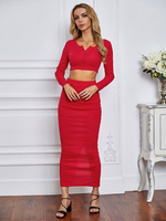 Damen zweiteilige Sets Red Polyester Langarm Casual T Shirt Maxikleid Outfit