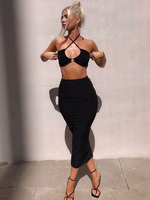 Damen zweiteilige Sets Schwarz Polyester Schnürung Sexy Weste Sommer Ärmelloses Neckholder Backless Top Outfits