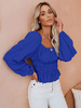 Damenbluse Blau Plissee U-Ausschnitt Langarm Baumwollmischung Puffer Ärmel Casual Tops