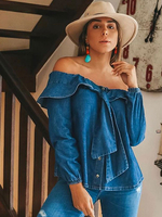 Damenbluse Dark Navy Bateau Neck Langarm Cotton Tops Denim Shirt