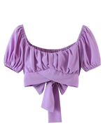 Damenbluse Lila geknoteter U-Ausschnitt Sexy Kurzarm Polyester Tops
