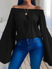 Damenbluse Schwarze Baumwolle Bateau Neck Offene Schulter Lange Schmetterlingsärmel Casual Tops