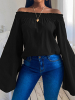 Damenbluse Schwarze Baumwolle Bateau Neck Offene Schulter Lange Schmetterlingsärmel Casual Tops