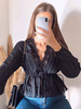 Damenbluse Schwarze Spitze V-Ausschnitt Langarm Baumwolle Casual Tops