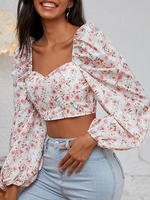 Damenbluse Weiß Polyester Vierkanthals Lässig Blumendruck Langarm Sexy Tops
