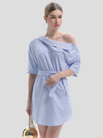 Damenhemd Kleider Blau Kurzarm Baumwollstreifen Unregelmäßiges Midikleid