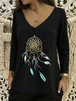 Damenhemd Langarm T-Shirts mit V-Ausschnitt Schwarz Dreamcatcher Polyester T-Shirt