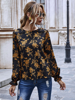 Damenhemd Schwarz Blumendruck Blumen Jewel Neck Langarm Polyester Casual Tops