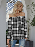 Damenhemd Schwarz Plaid Polyester Bateau Neck Two Tone Long Sleeves Casual Bluse