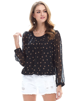 Damenhemd Schwarzer Juwelenhals Langarm Kaffee Braun Polka Dot Sheer Lässige Polyester-Oberteile