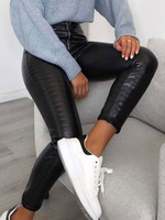 Damenhose Black Zipper Leder Raised Casual Taillenhose