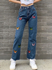 Damenhose Blaue bestickte Schleifen Jeanshose mit hoher Taille