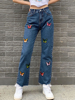 Damenhose Blaue bestickte Schleifen Jeanshose mit hoher Taille