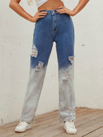 Damenhose Blue Denim Natural Waist Color Block Hose Casual Ripped Jeans