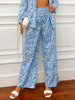 Damenhose Hellhimmelblaue Hose aus Polyester mit erhöhter Taille und bedruckter weiter Hose