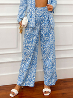 Damenhose Hellhimmelblaue Hose aus Polyester mit erhöhter Taille und bedruckter weiter Hose