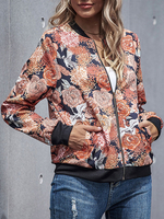 Damenjacke Jewel Neck Reißverschluss Farbblock Blumendruck Polyester Baumwolle Leichte Jacke