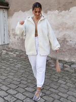 Damenjacke White Jewel Neck Schnürung Polyester Langarm Teddy Jacke