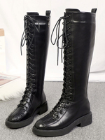 Damenkampfstiefel mit runder Kappe und flacher Schnürung und knielangen Stiefeln
