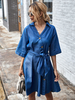 Damenkleider Shirt Cowboy Deep Blue V-Ausschnitt Schnürung Halbarm Polyester Midi Kleid
