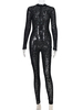 Damenoverall Schwarzer Leopardenmuster Jewel Neck Langarmpaspel Paspel Unregelmäßiges Polyester Tapered Fit Summer One Piece Outfit