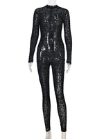 Damenoverall Schwarzer Leopardenmuster Jewel Neck Langarmpaspel Paspel Unregelmäßiges Polyester Tapered Fit Summer One Piece Outfit