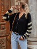 Damenpullover Cardigans Black Polyester Stripes Langarm V-Ausschnitt