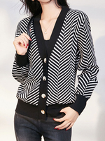 Damenpullover Cardigans Black Polyester Stripes Langarm V-Neck Street Wear