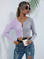 Damenpullover Cardigans Split Color Polyester Color Block Langarm-Pullover aus Baumwolle mit V-Ausschnitt