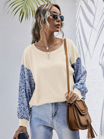 Damenpullover Ecru White Color Block Jewel Neck Langarm Baumwollpullover Shirt
