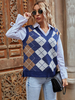 Damenpullover Königsblau Plaid V-Ausschnitt Langarm Polyester Pullover Weste
