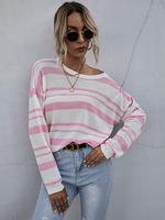 Damenpullover Pink Stripes Jewel Neck Langarm Baumwolle Casual Sweater