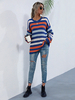 Damenpullover Rot Blau Split Color Stripes Jewel Neck Langarm Baumwollpullover