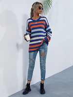Damenpullover Rot Blau Split Color Stripes Jewel Neck Langarm Baumwollpullover