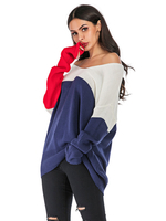 Damenpullover Weiß Navy Split Color Farbblock V-Ausschnitt Langarm Baumwollpullover