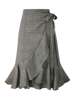 Damenrock Graue Rüschen Karierte Baumwolle Natürliche Taille Polyester Kurze Unterteile