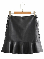 Damenrock Schwarz Schnürung PU Leder Natürliche Taille Mini Bottoms Kurzer Lederrock