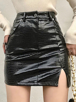 Damenrock Schwarzer Reißverschluss PU-Leder Kurze; hochgezogene Taille; ausgestellte Hosen