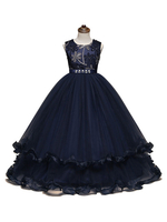 Dark Navy Blumenmädchenkleider 2021 Knöpfe Ärmellos Jewel Neck Bodenlangen Kinder Festzug Kleider