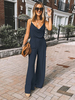 Dark Navy Jumpsuit V-Ausschnitt Ärmellos Plissee Unregelmäßige Spaghettiträger Polyester Straight Summer Playsuit