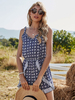 Deep Blue Playsuit Bedrucktes Muster V-Ausschnitt Ärmellose Rüschen Stretch Polyester Sommer One Piece Outfit