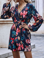 Deep Blue Skater Kleider Frauen V-Ausschnitt Langarm Plissee Sexy Midi Kleid