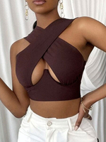 Deep Brown Neckholder Top für Frauen Straps Neck Polyester Sexy Camis