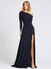 Deep Navy Abendkleid One-Shoulder Mit Zug Langarm Criss-Cross Lycra Spandex Scheide Social Party Kleider