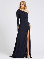 Deep Navy Abendkleid One-Shoulder Mit Zug Langarm Criss-Cross Lycra Spandex Scheide Social Party Kleider