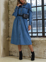 Denim Maxikleid Langarm Frills Button Up Kleid