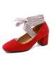 Dick hoher Absatz mit rotem Nubuk Karree Spitze-up-Schuhe 2021