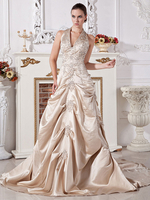 Duchesse-Linie Brautkleid aus Satingewebe mit V-Ausschnitt und Falten und Kapelle-Schleppe in Champagnerfarbe