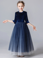 Dunkelblaue Blumenmädchenkleider Jewel Neck Halbarm Tüll Polyester Kinder Partykleider