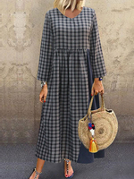 Dunkelblaue Maxikleider Kariertes Langarmkleid aus Baumwolle mit langem Ärmel